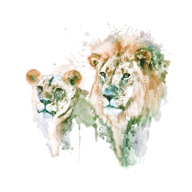 Lion Couple Watercolor Portrait by Marian Voicu