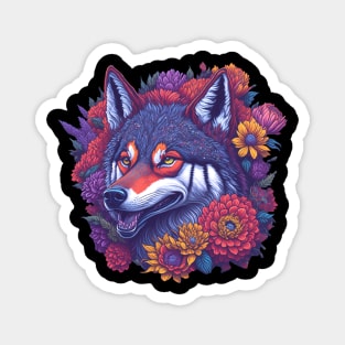 Vintage Colorful Wolf With Flowers Magnet