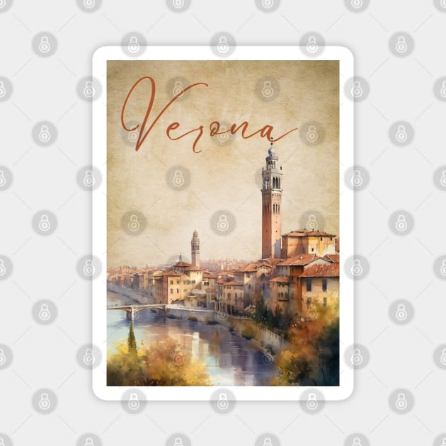 Verona Italy - Watercolor Sunset - Tourist Souvenir Magnet by TuncGK