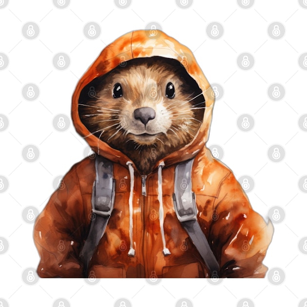 Watercolor Cartoon Beaver in a Hoodie by Chromatic Fusion Studio