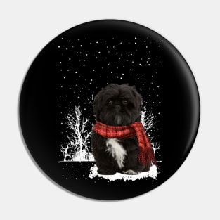 Christmas Black Shih Tzu With Scarf In Winter Forest Pin