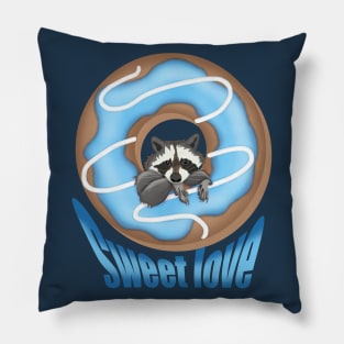 Sweet Love Cute raccoon and Yummy donut Blue Pillow