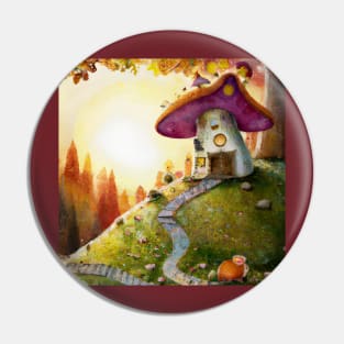 Cute Mushroom Cottage on top of a Hill in the Autumn Woods Pin