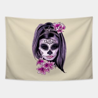 Catrina face painted in pastel colors with pink flowers. Feminist princess catrina face. Tapestry