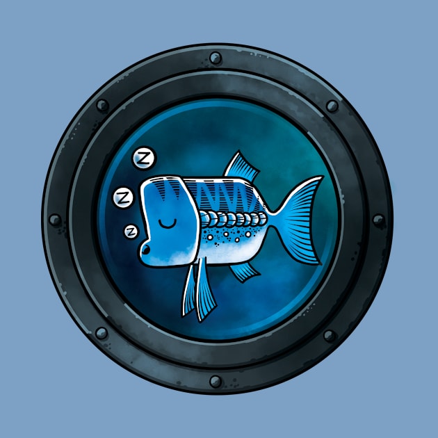 A Sleepy Blue Fish framed by a Porthole by Wozzozz