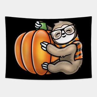 KawAii Cute Sloth Glasses and Scarf Hugging A Pumpkin Tapestry