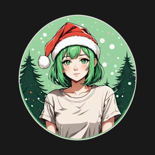 green haired anime girl in christmas T-Shirt