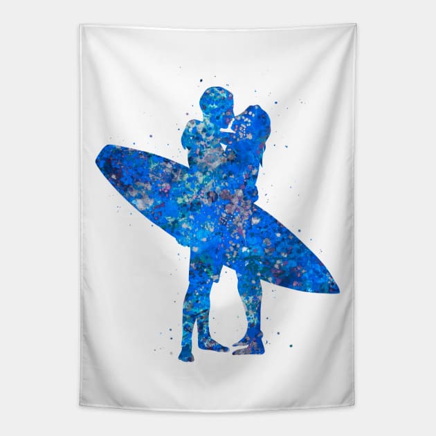 Surfer couple blue art Tapestry by Yahya Art