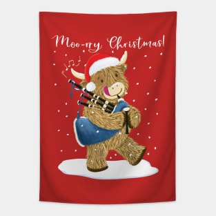 Scottish Highland Cow Plays Merry Christmas On His Bagpipes Tapestry