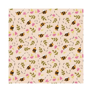 Bee Pattern - Bright Pink Flowers T-Shirt