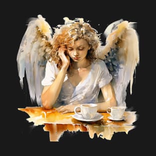 Sleepy Angel Before Coffee Watercolor Style T-Shirt