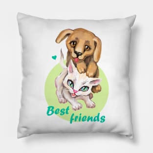 Cute small cat and dog. Sweet little baby pets. Kitten and puppy friends. Pillow