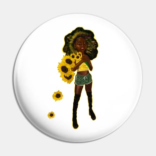 Anime Afro anime sunflower wielding warrior princess - beautiful girl with Afro hair, brown eyes and dark brown skin Pin