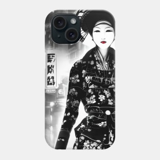 Cyber Geisha in the streets of Tokyo, black and white Phone Case