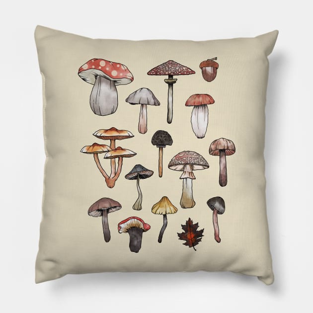 Watercolor Mushrooms Fungi Cottagecore Goblincore Pillow by uncommontee