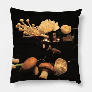 Mushrooms & Carnations - Baroque Inspired Dark Still Life Photo Pillow