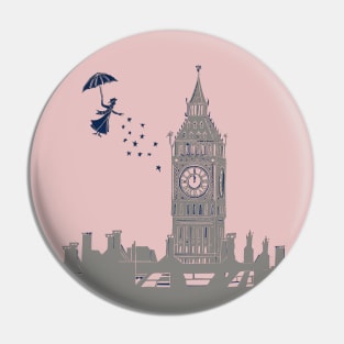 Mary Poppins Flying over Big Ben Linocut in Pink and Grey Pin