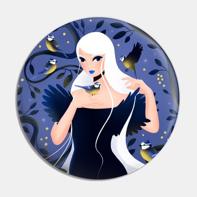 Girl in the forest with blue tit birds, version 1 Pin by iulistration