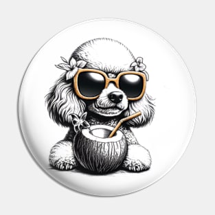 poodle dog wearing oversized sunglasses and sipping a coconut drink Pin