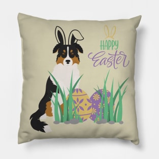 Tricolor Australian Shepherd Dog with Bunny Ears and Happy Easter with Egg Pillow