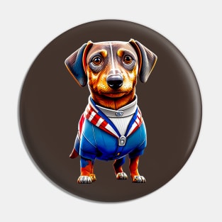 Dachshund in a USA Flag Suit: Proudly Representing the Land of the Free Pin