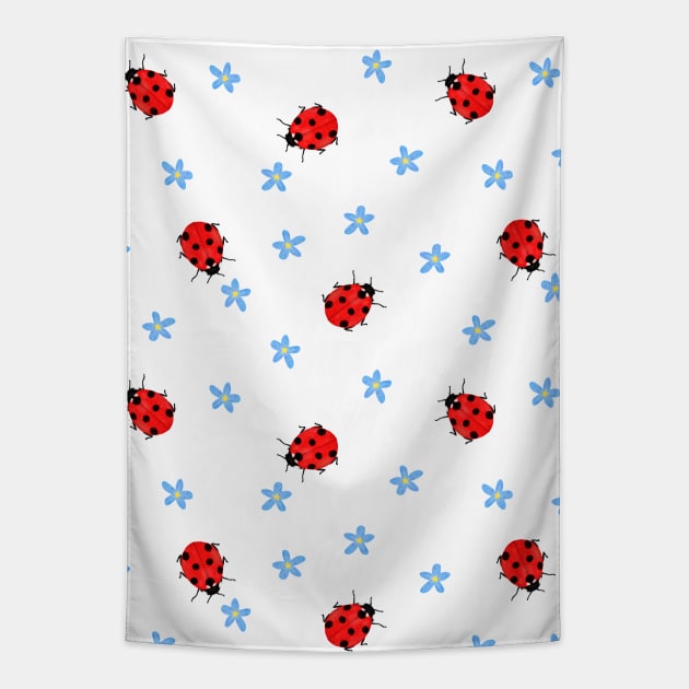 Ladybugs and Blue Flowers Pattern Tapestry by Kraina
