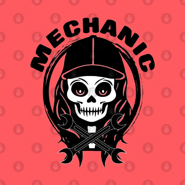 Female Mechanic Skull and Spanners Black Logo by Nuletto