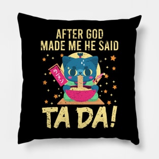 Ta~Da Funny cat eating ramen noodles with Distressed TaDa Cat Ramen bowl Pillow