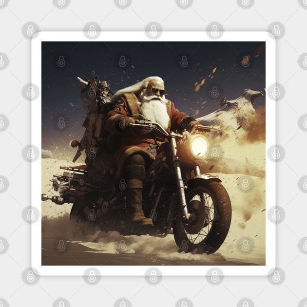 Santa Claus on motorcycle riding with christmas gifts Magnet by Maverick Media