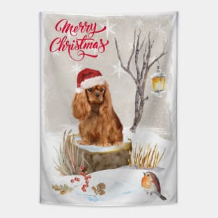 Red Cavalier King Charles Spaniel Merry Christmas Santa Dog Tapestry