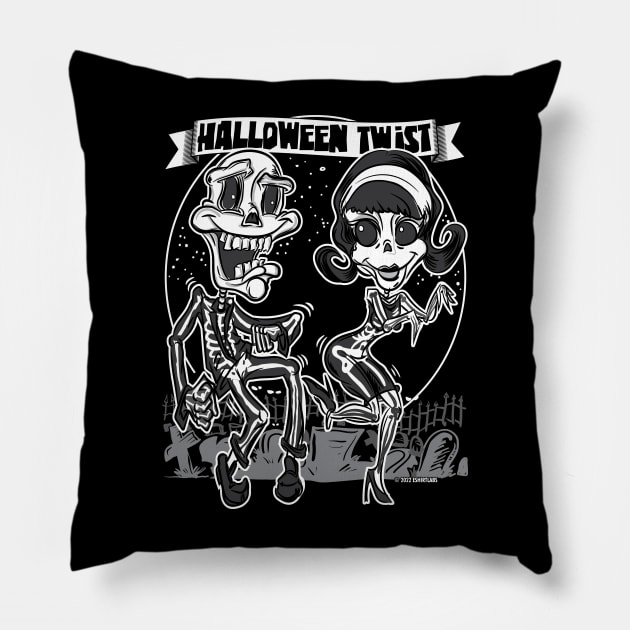 Skeletons dancing in the cemetery doing the Halloween Twist Pillow by eShirtLabs