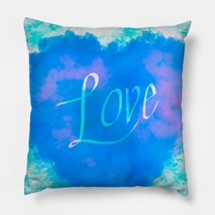 AQUA LOVE HEART CIRCLE, BLUE AND TURQUOISE, HANDWRITTEN WORD LOVE Pillow