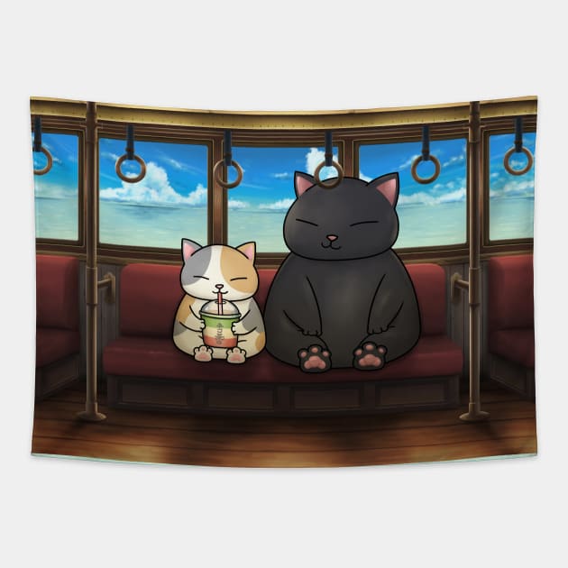 Cats on Sea Train Tapestry by Takeda_Art