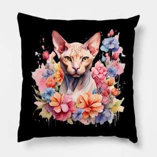 A sphynx cat decorated with beautiful watercolor flowers Pillow