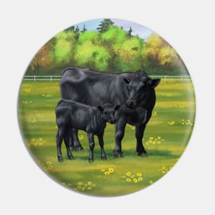 Black Angus Cow and Cute Calf in Summber Pasture Pin