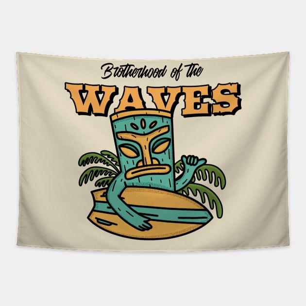 Tiki Man Tiki God Surfer Surf Surfing Waves Hawaii Hawaiian Tapestry by Tip Top Tee's