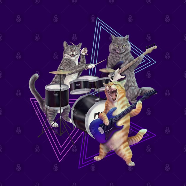 Cat band- Rock band kitties playing the bass, electric guitar, and drums by Mehu Art