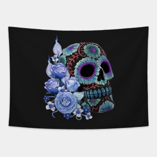 Blue Floral Black Sugar Skull Day Of The Dead Tapestry