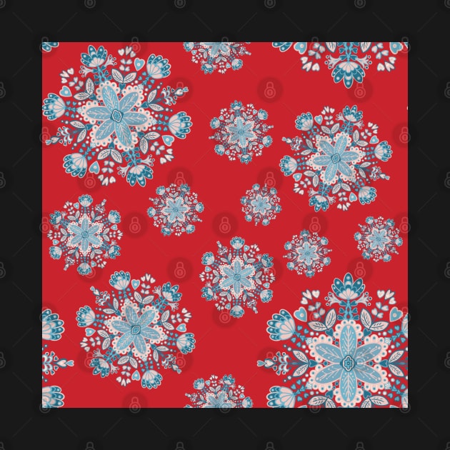 Blue, Pink and Red Mandala Snowflake Repeat Pattern by NattyDesigns