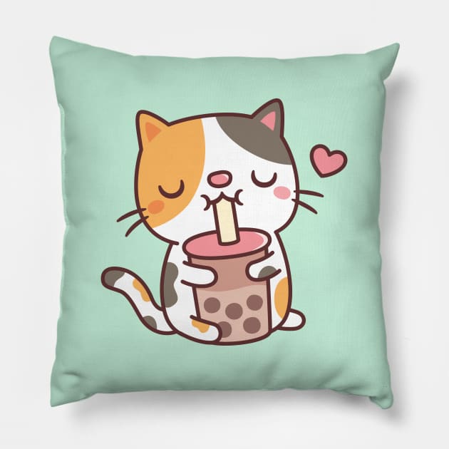 Cute Calico Cat Loves Drinking Boba Tea Pillow by rustydoodle