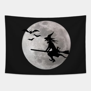 Halloween witch with cat is flying in the sky Tapestry