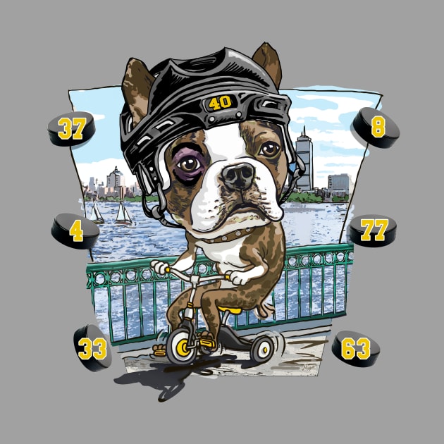 Boston Terrier Dog with Black Hockey Helmet by Mudge