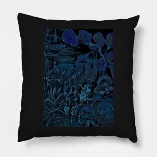 ORIENTAL MIDNIGHT BLUE GARDEN , PAGODA CHINA DECO DESIGN ASIAN FLORAL BIRD ART PRINT Pillow