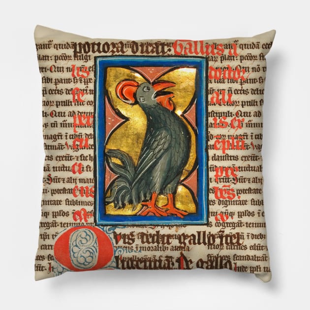 WEIRD MEDIEVAL BESTIARY,BLACK ROOSTER SINGING ,ANTIQUE TYPOGRAPHY Pillow by BulganLumini