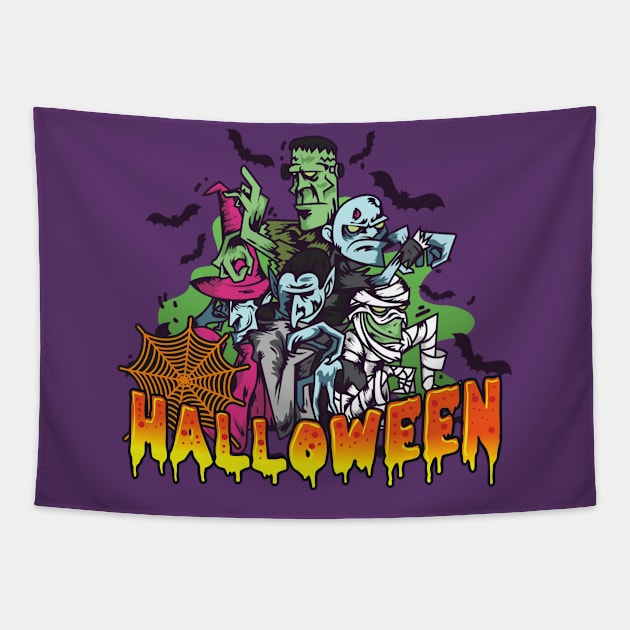 Happy Halloween Zombie Vampire and Monsters Tapestry by PowderShot