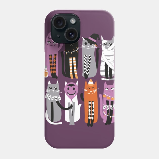 High Gothic Halloween Cats // print // purple background orange grey purple white and black kittens Phone Case by SelmaCardoso