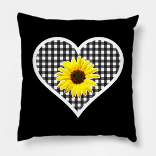 White and Black Gingham Heart with Yellow Daisy Pillow