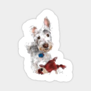 White Dog with a Red Toy Magnet