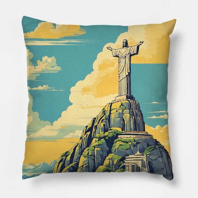 Cristo Redentor and Corcovado Rio de Janeiro Brazil Vintage Tourism Travel Poster Pillow by TravelersGems