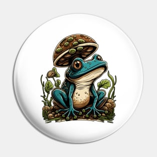 Cottagecore Blue Frog Under Mushroom Pin